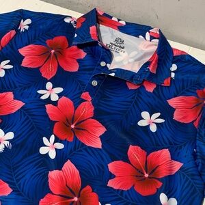 Kai Par Hawaiian Golf Polo Aloha Blue and Red Floral Men's Shirt 2XL